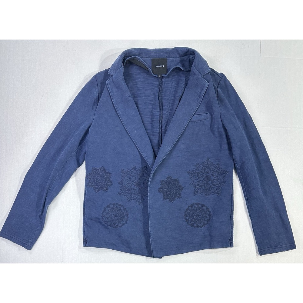 Desigual Women's Blue Embroidered Mandala Blazer Jacket Size L Boho Artsy